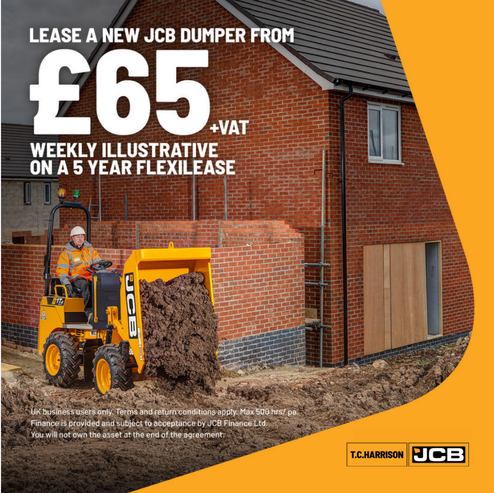 Lease a new JCB Dumper from £65 +VAT per week (illustrative) on a 5-Year JCB  Flexilease