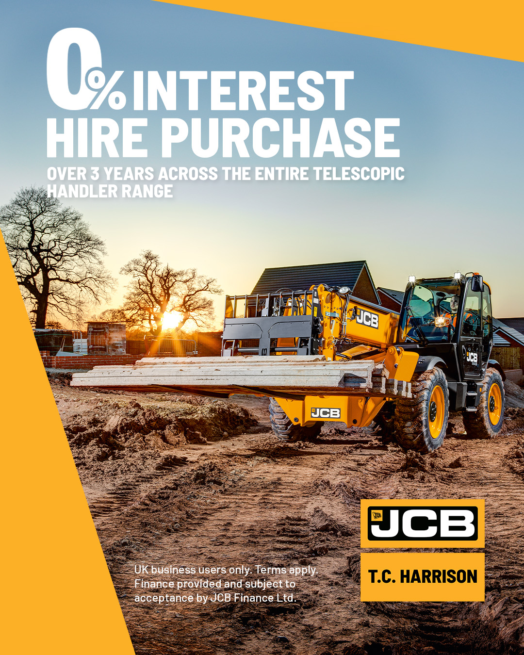 0% Interest Hire Purchase available over 3 years on new JCB Telescopic Handlers.