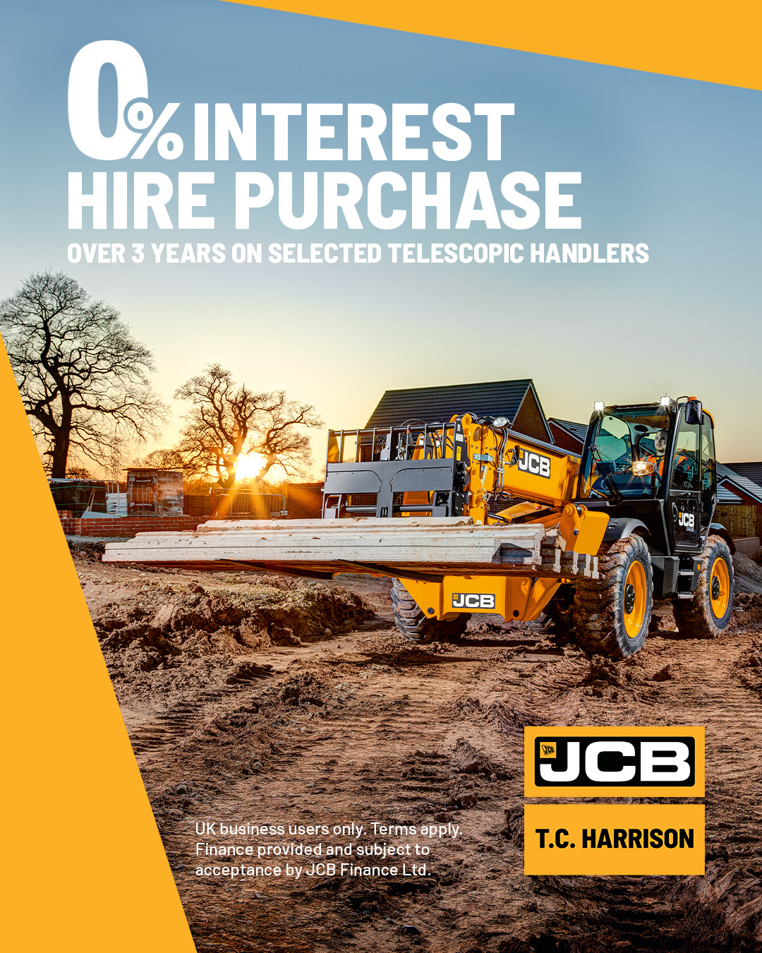 0% Interest Hire Purchase available over 3 years on selected new JCB Telescopic Handlers
